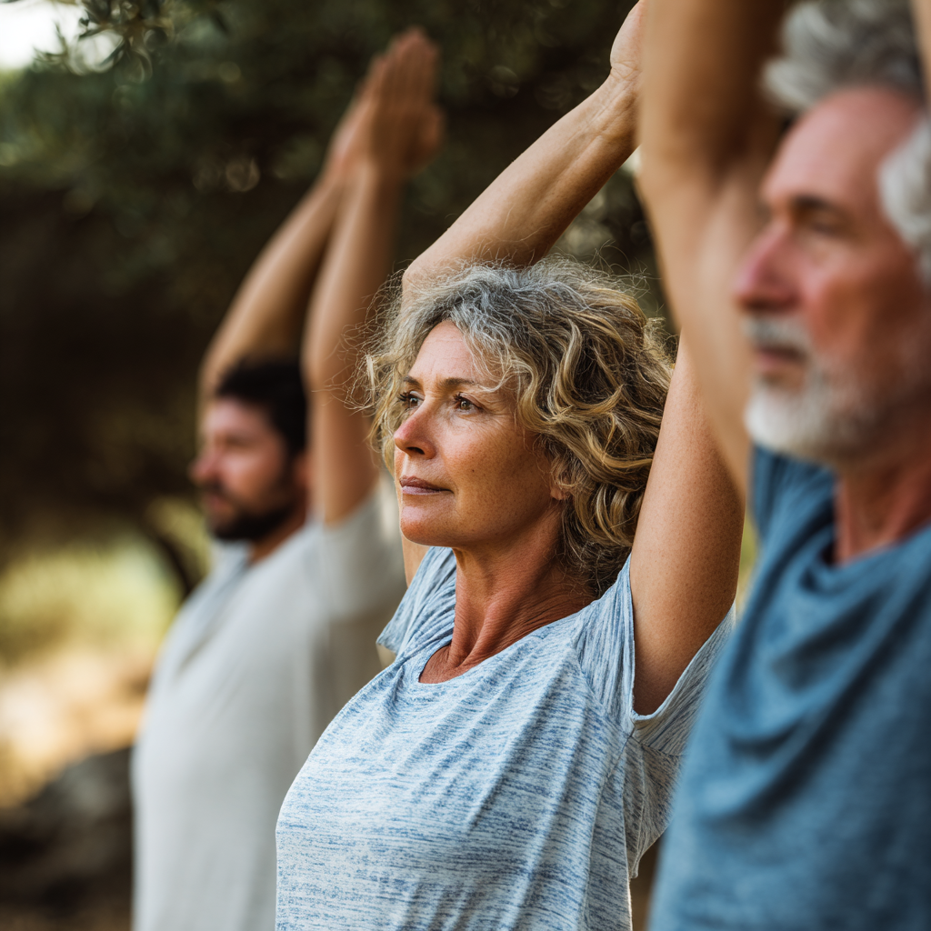Middle-aged adults practicing gentle yoga movements in natural setting