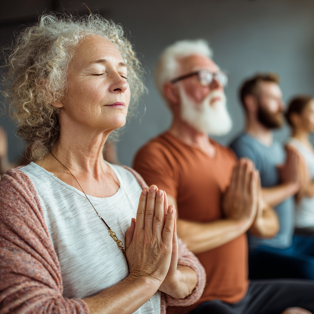 Older adults in peaceful yoga meditation session showing serenity and balance
